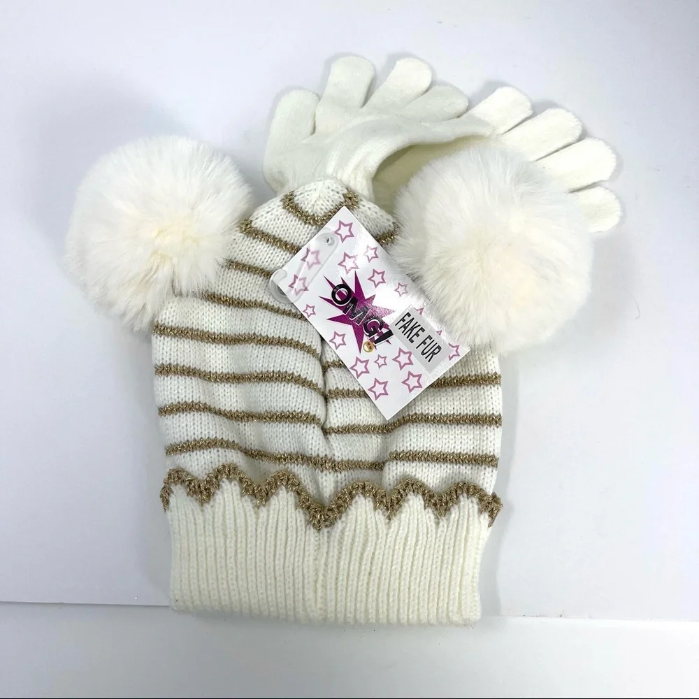 OMG Pom Pom beanie stiped faux fur with gloves